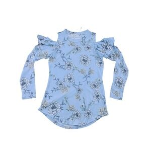 No Comment Light Blue Floral Cold Shoulder Ruffle Sleeve Top Size S Pre-Owned